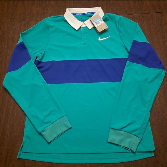 Nike Court Advantage Slam Long Sleeve Tennis Polo Green Blue IB8141-324 Men's M - Picture 2 of 4
